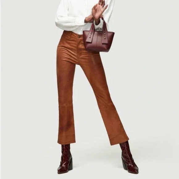NEW FRAME Leather Le Crop Mini Boot High Rise Pants in Tobacco Sz 24 - Picture 1 of 13